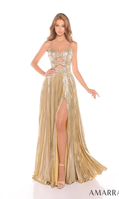 A woman in the Amarra 88435 long prom dress, featuring a metallic finish, v-neckline, thigh-high slit, and cutout bodice, stands against a white background.