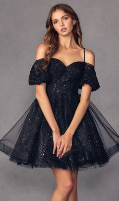 A woman models the Puff-Sleeve Short A-Line Shimmer Prom Dress 886, a black glittery off-the-shoulder semi-formal dress with sheer puff sleeves, standing against a plain gray background.
