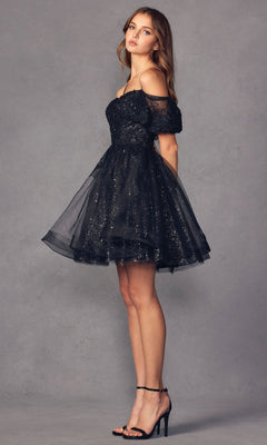 Woman in a Puff-Sleeve Short A-Line Shimmer Prom Dress 886, featuring glitter details, stands in profile wearing black high-heeled sandals against a gray background.