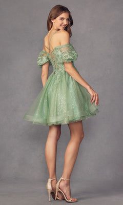 A woman poses in the Puff-Sleeve Short A-Line Shimmer Prom Dress 886—a light green, off-shoulder, semi-formal dress with lace and sparkles—paired with nude heels against a neutral background.