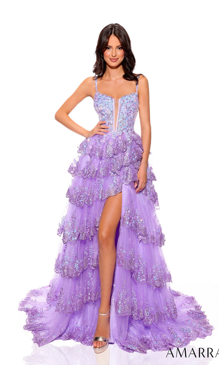 Amarra Sheer-Sides Long Ruffled Prom Dress 88745