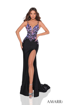 A woman wears the Strappy-Back Amarra Tight Long Prom Dress 88747, a black floor-length gown with a thigh-high slit, purple floral embroidered lace bodice, and spaghetti straps, standing against a white background.