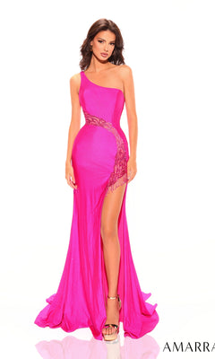 A woman models the Amarra One-Shoulder Cut-Out Long Prom Dress 88791 in bright pink, featuring lace detailing and a high slit, standing against a white background to showcase this elegant designer formal gown.