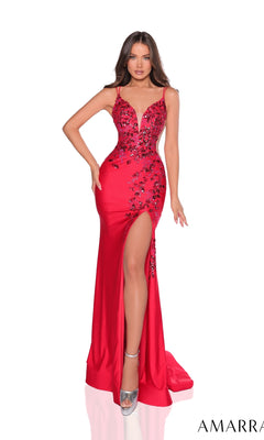 A woman poses against a white background wearing the Amarra 88813 long prom dress, a fitted red jersey gown with floral sequins, a deep neckline, and a high leg slit.