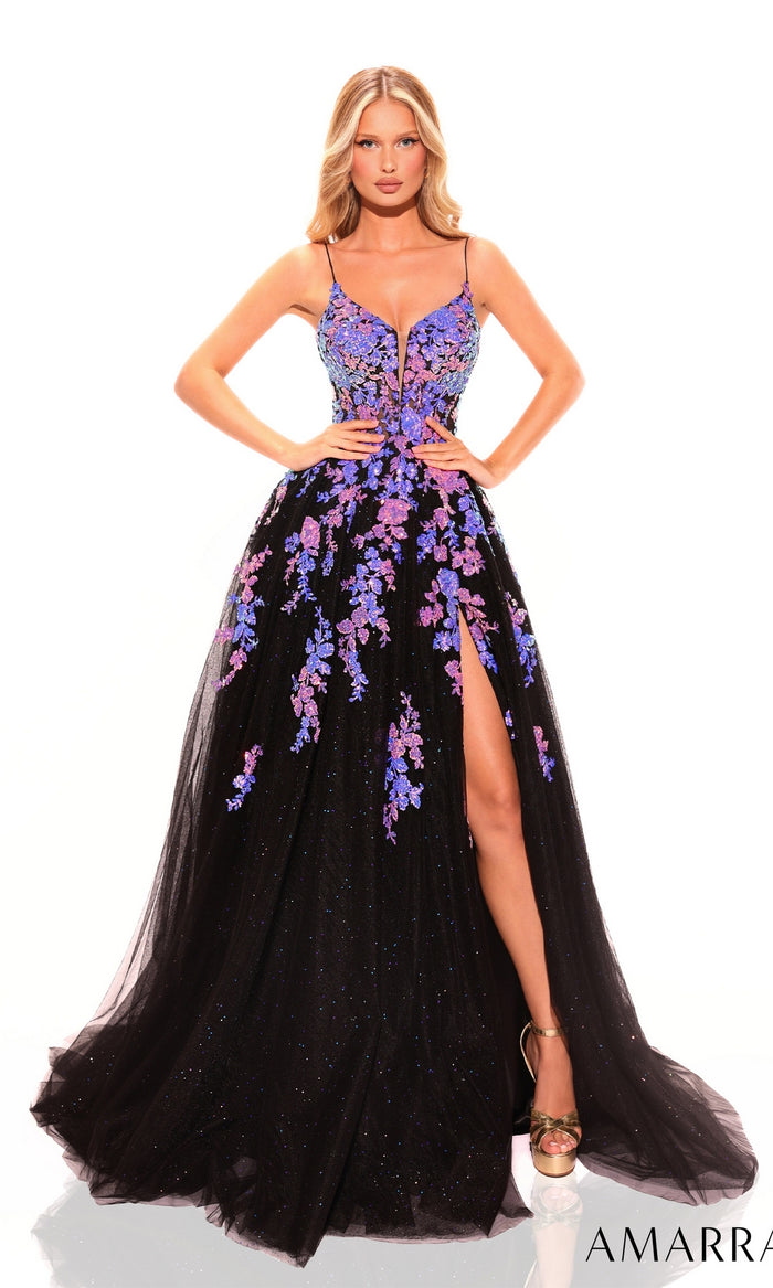 Floral-Embroidered Long A-Line Prom Dress 88816