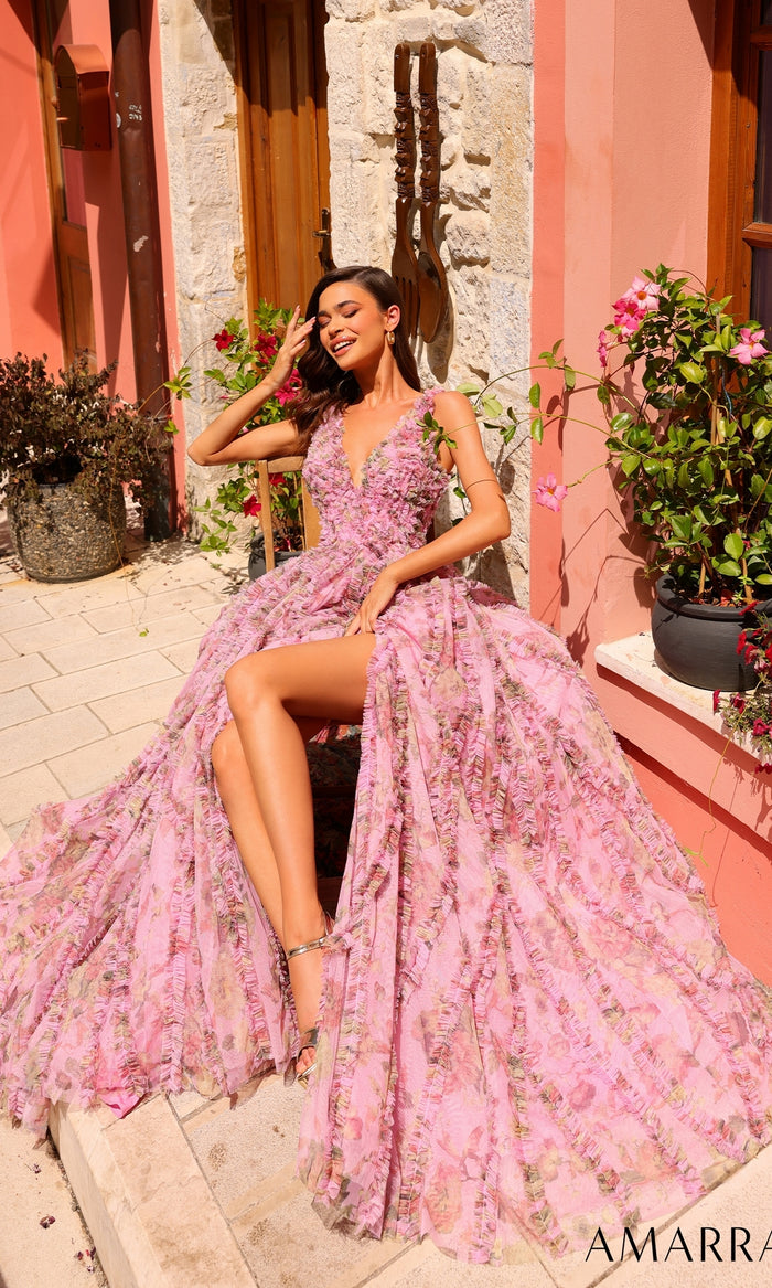 Ruffled Long Pink Floral-Print Prom Dress 88824