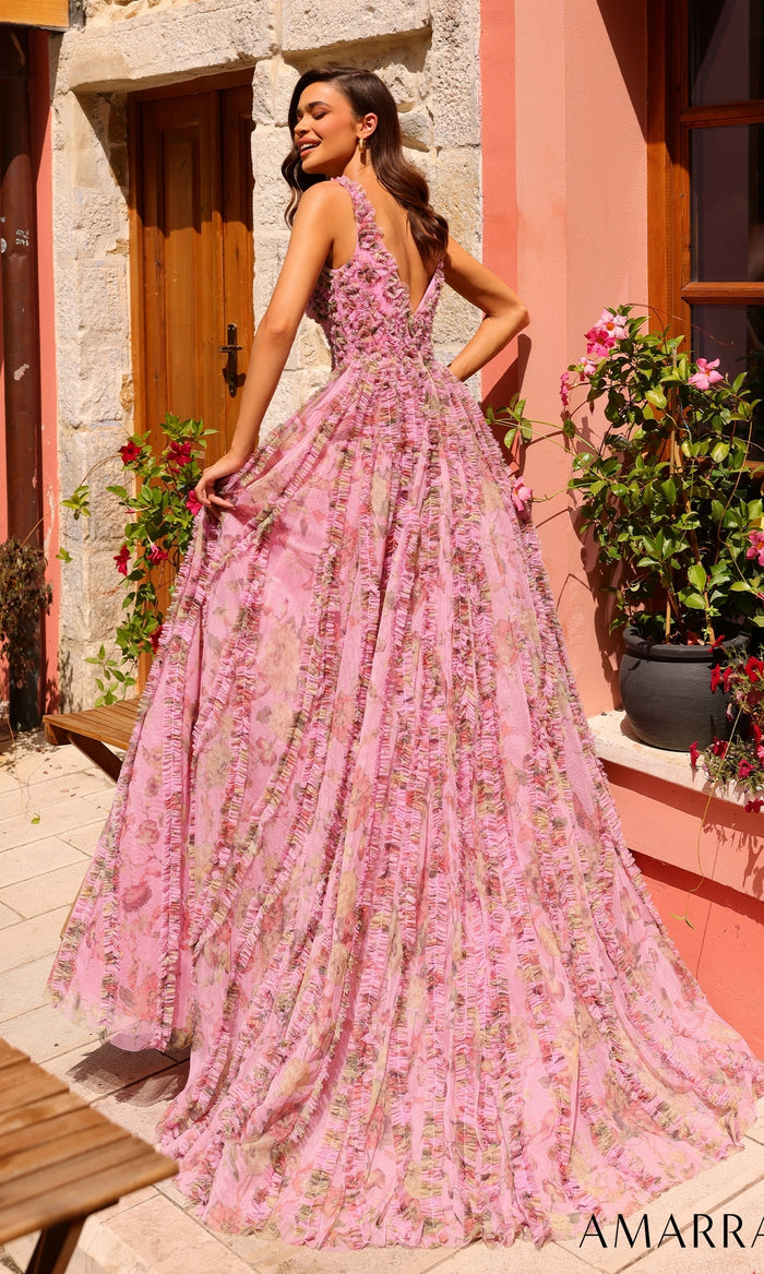 Ruffled Long Pink Floral-Print Prom Dress 88824