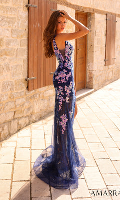 A woman poses outdoors in front of a stone building, wearing the Sheer-Overlay Short Sequin-Print Prom Dress 88829.