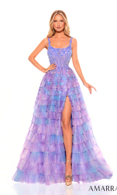 A woman poses against a white background in the Amarra Deep V-Back Long Ruffled Prom Dress 88833, featuring a sleeveless purple ombre design, layered ruffles, thigh-high slit, and embellished bodice.