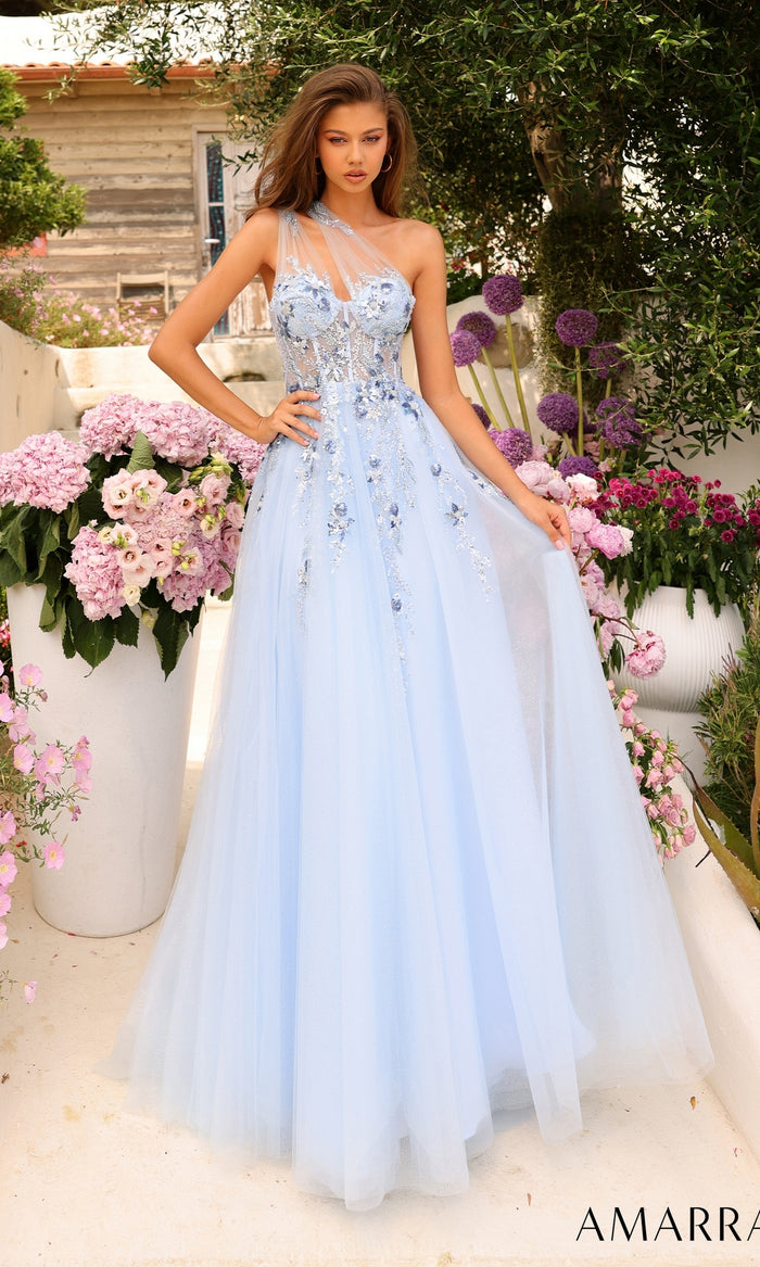 Amarra One-Shoulder Long Blue Prom Ball Gown 88838