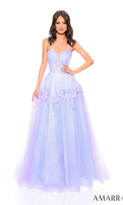 A woman stands against a white background wearing the Amarra Strapless Long Glitter Prom Ball Gown 88874—a lavender A-line dress with floral appliqué, tulle skirt, sheer corset-style bodice, and elegant glitter accents.