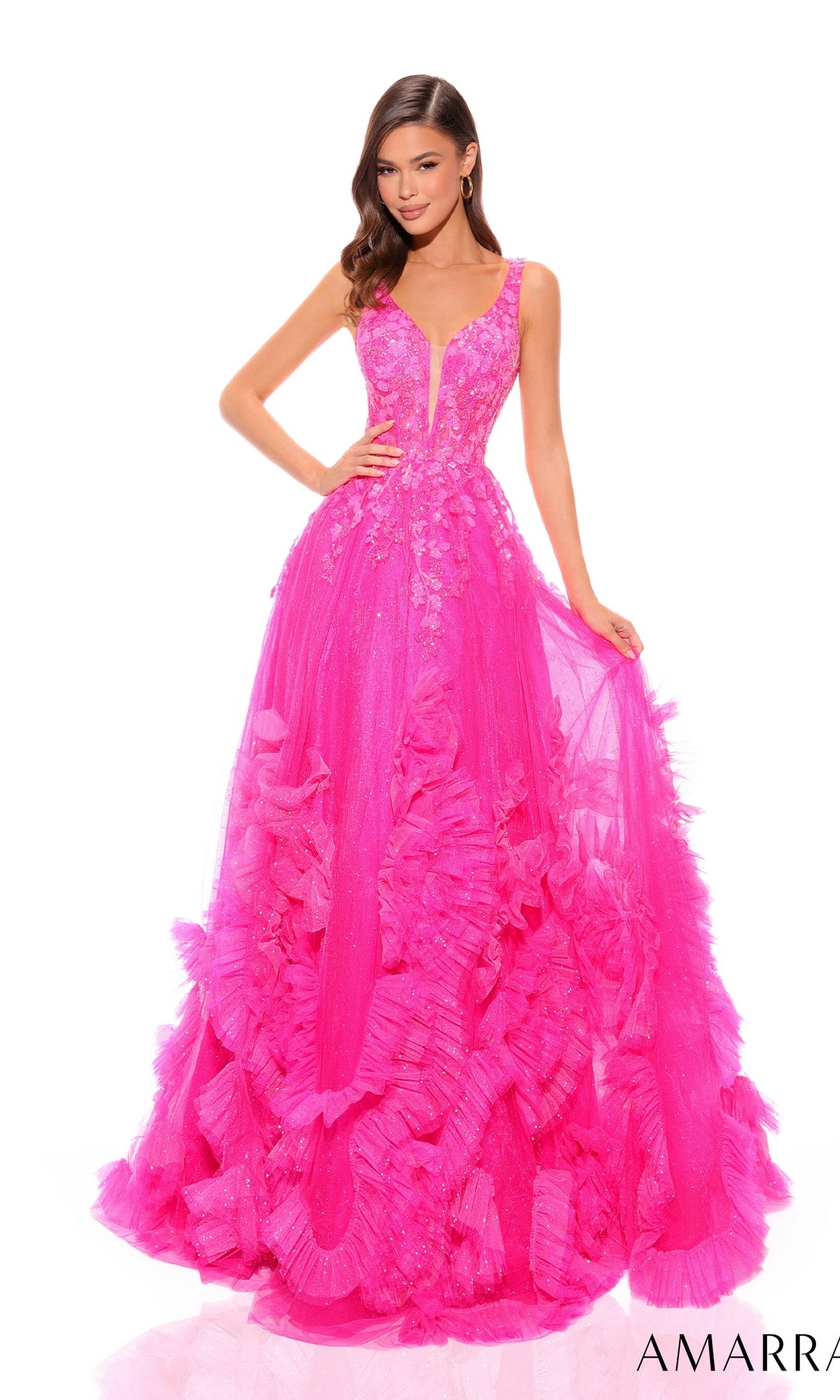 Amarra V-Neck Long Ruffled Prom Ball Gown 88880
