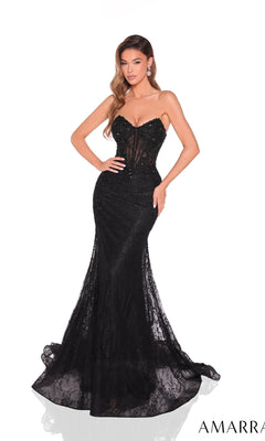 A woman poses in the Strapless Lace Mermaid Prom Gown: Amarra 88923—a black lace, strapless mermaid dress with a sheer corset bodice and flared train—set against a white background. "AMARRA" is displayed in the bottom right corner.