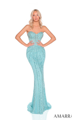 A woman faces forward wearing the Amarra 88931, a fitted long prom dress with a strapless sweetheart neckline and crystal beading in light blue sequins, set against a white background. "AMARRA" appears in the corner.