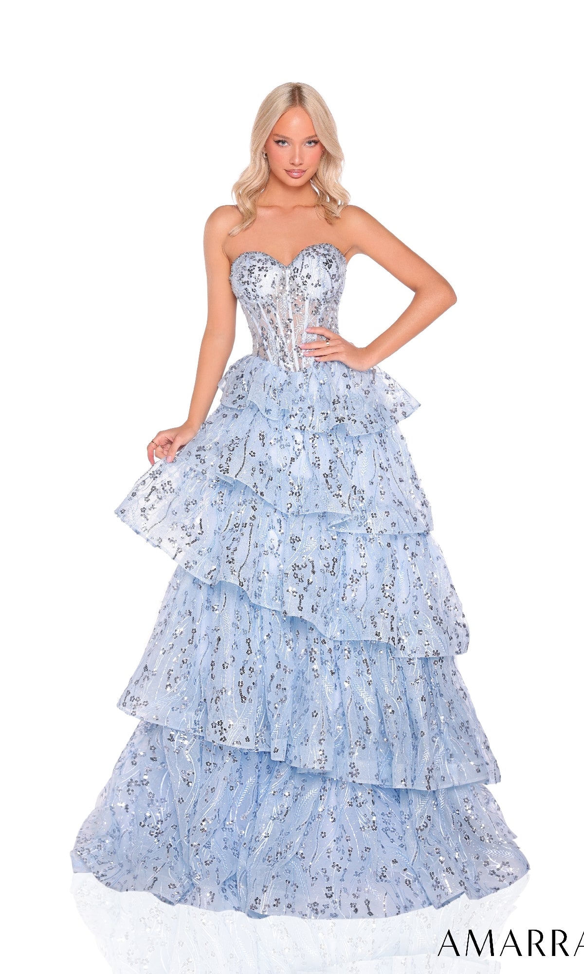 Lace-Up Strapless Long Ruffle Prom Dress with Sequins Light Blue / 16 Lace-Up Strapless Long Ruffle Prom Dress with Sequins Light Blue / 16