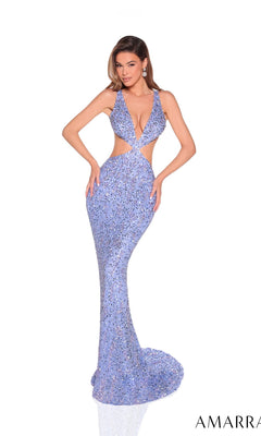 A woman poses in the Amarra 88937, a light purple sequined floor-length prom dress with cutout sides and a deep V neckline, against a white background. "AMARRA" appears in the bottom right corner.