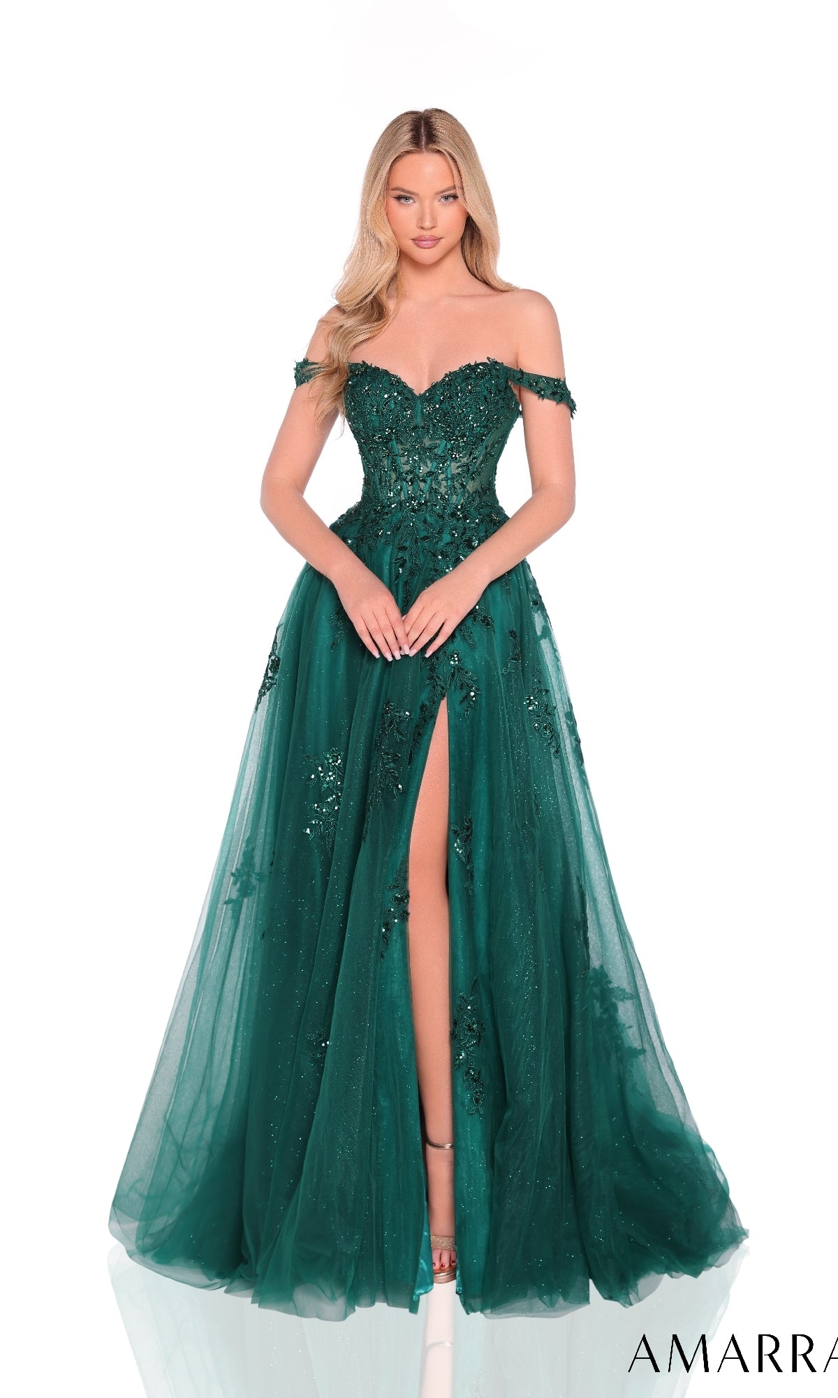 dillards off the shoulder prom dress Off-the-Shoulder Long A-Line Prom Dress with Sequin Print Emerald / 2