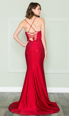 A woman stands facing away in the Long Prom Dress 8894 by Poly USA—a fitted red floor-length gown with hot stone embellishments and a striking lace-up back.