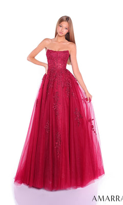 A young woman models the Amarra 88950 Strapless Embroidered Prom Ball Gown, featuring a sweetheart neckline and floral embroidery, standing against a white background to showcase the elegant A-line formal dress.