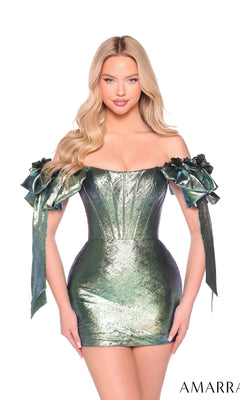 A woman stands against a white background wearing the Bow Short Metallic Hoco Dress: Amarra 88953, a shiny green off-the-shoulder homecoming dress featuring floral and ribbon sleeve details.