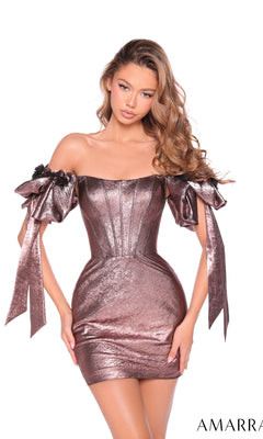 A woman poses against a white background in the Bow Short Metallic Hoco Dress (Amarra 88953), featuring off-the-shoulder style and large sleeve bows. "AMARRA" is displayed in the lower right corner.
