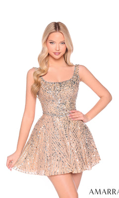 A woman poses against a white background in the Amarra 88967 Mini Sequin Fit-and-Flare Hoco Dress, its silver sequins and fitted beige design highlighting her silhouette.