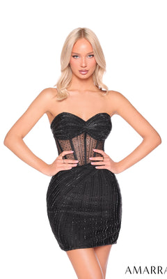 A woman models the Amarra 88973 Sheer-Corset Short Beaded Hoco Dress, featuring a strapless sweetheart neckline, fitted black mini silhouette, sheer corset-style bodice, and sparkling embellishments. Amarra logo appears lower right on a white background.