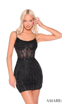 A blonde woman models the Lace-Up Short Beaded Hoco Dress: Amarra 88974, a fitted sleeveless black dress with sequins and sheer details, posing against a white background. "AMARRA" appears in the bottom right corner.