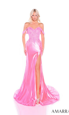 A woman models the Amarra 88978 Off-Shoulder Long Corset Prom Gown in shiny pink, featuring a high slit, fitted bodice, and floor-length train, posed against a plain white background.