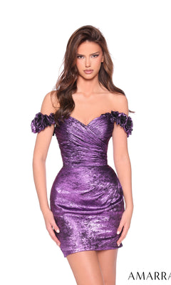 A woman poses against a white background wearing the Amarra 89009 Off-Shoulder Short Metallic Hoco Dress in purple, featuring ruched details and rosette floral sleeve accents.