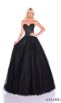 A woman wears the Amarra 89011 Lace-Up Strapless Prom Ball Gown with a sweetheart bodice, fitted lace detail, and a full tulle skirt, standing against a white background.