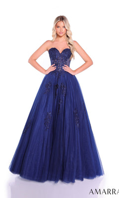 A woman poses in the Lace-Up Strapless Prom Ball Gown: Amarra 89011, featuring a sweetheart bodice with floral embellishments and a fitted silhouette, against a white background.