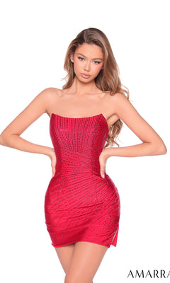 A woman models the Strapless Mini Beaded Bodycon Hoco Dress: 89018, posing confidently with her hands on her hips against a white background.