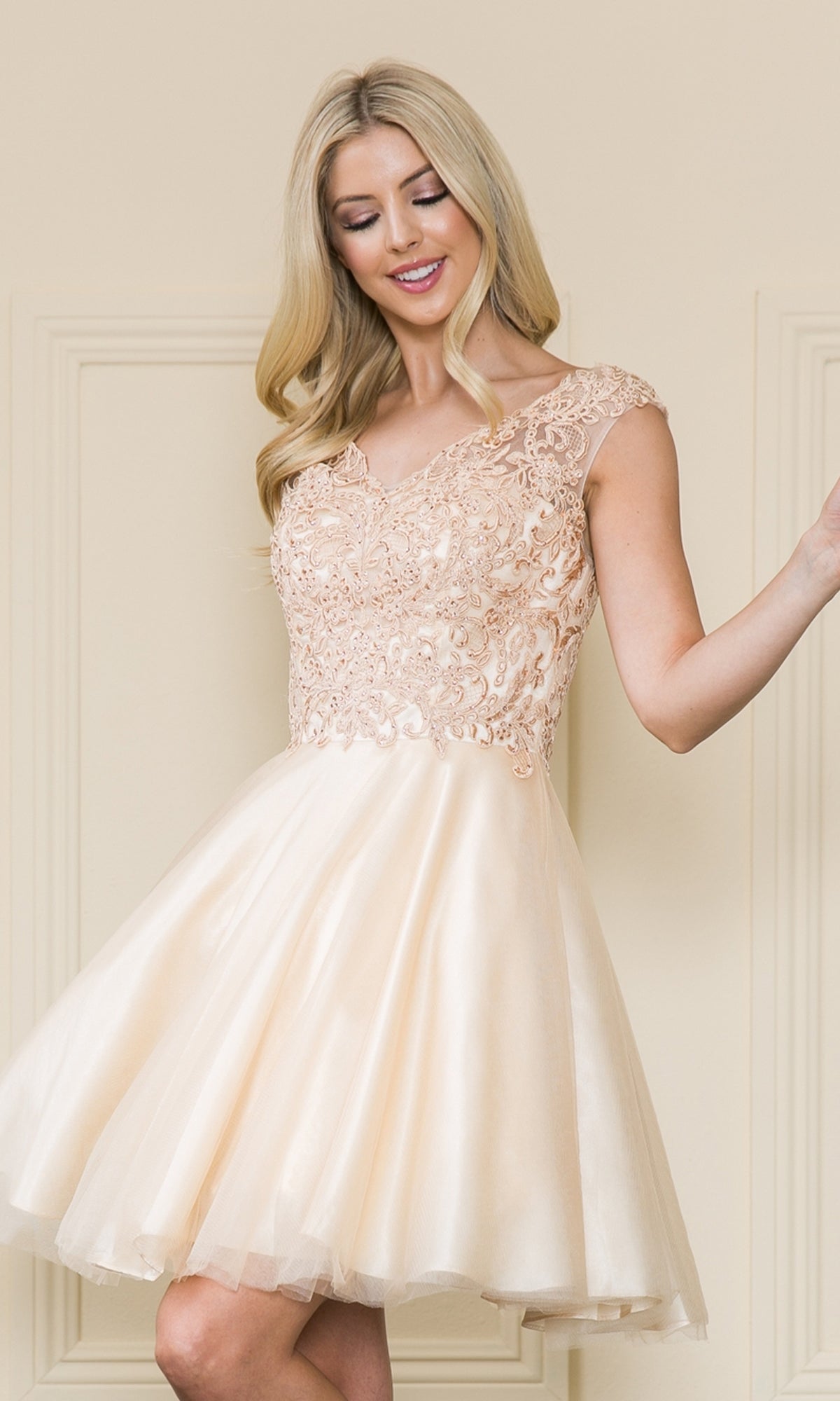 champagne babydoll dress Lace-Bodice Short Homecoming 8902 / XSmall rose gold dama dresses Shop Curve & Plus parent:stella-smocked-dress Hand Wash Cold Size:Juniors/Women XXS