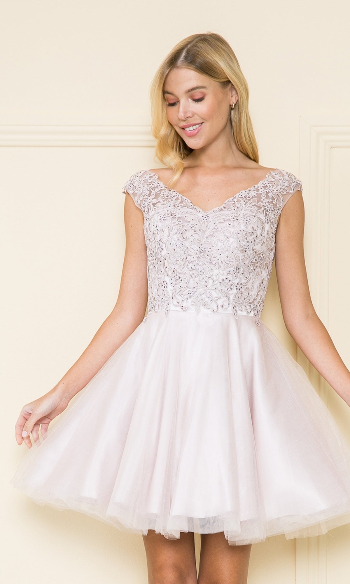Short Babydoll Homecoming Dress with Lace - PromGirl Mauve / XLarge Short Babydoll Homecoming Dress with Lace - PromGirl Mauve / XLarge