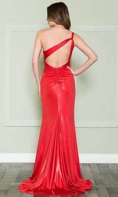 A woman in the One-Shoulder Long Shimmer Prom Dress 8904, a shiny red gown with an open back, stands facing away from the camera, highlighting the elegance of this formal dress.