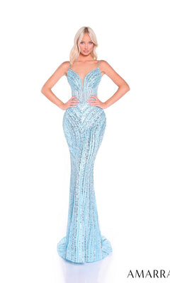 A woman wears the Amarra 89055 long prom dress, a fitted, light blue gown with a deep neckline and shimmering sequins, standing against a white background.