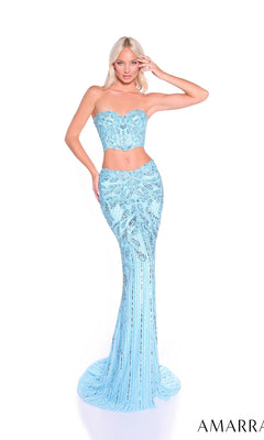 A woman models the Amarra 89059—a light blue, sequined, strapless two-piece prom dress with a fitted bodice and mermaid-style skirt—against a white background.