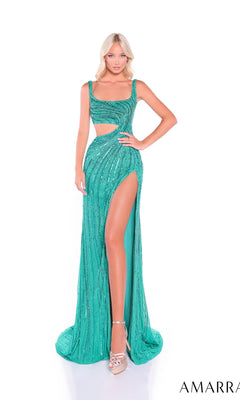 A woman stands against a white background wearing the Amarra 89061, a fitted green sequin long prom dress with a side cut-out, sleeveless design, and thigh-high slit.