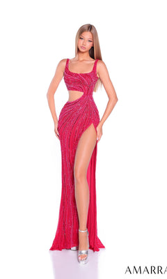 A woman wears the Long Prom Dress: Amarra 89061, a fitted red sequin gown with a sleeveless design, thigh-high slit, and side cutout. She finishes her sparkling look with silver high heels.