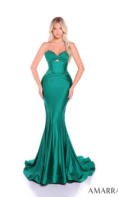 A woman wearing the Amarra 89062 long prom dress, a strapless mermaid style with an embellished sweetheart neckline and subtle ruching, stands against a white background.