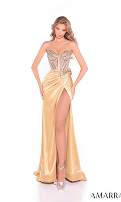 A woman models the Amarra 89064 long prom dress, featuring a strapless embellished corset bodice and high-leg front slit, paired with metallic high heels against a white background.