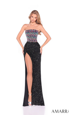 A woman models the Amarra 89073 long prom dress, featuring a strapless fitted design with a colorful beaded bodice and black glittery skirt with a thigh-high slit, standing against a plain white background.