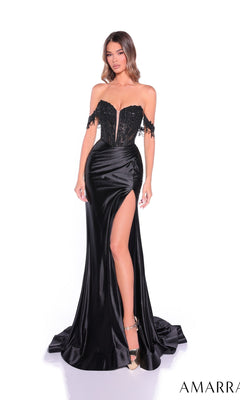 A woman stands against a white background wearing the Amarra 89076 long prom dress, featuring a black off-the-shoulder design with a lace corset bodice, high-leg side slit, and floor-length skirt.
