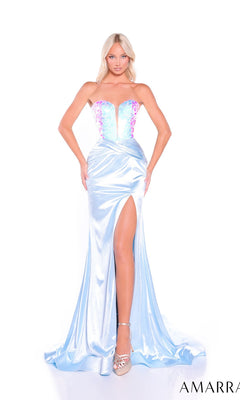 A woman models the Amarra 89086 long prom dress, featuring a strapless beaded corset bodice, shimmery light blue fabric, and a thigh-high slit, standing against a white background.