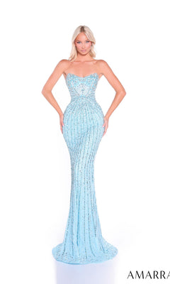 A woman poses in the Amarra 89089 long prom dress, featuring a strapless, floor-length sequin design with a fitted silhouette, against a white background. The word "AMARRA" appears in the lower right corner.