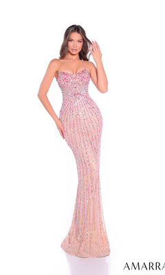 A woman wears the Amarra 89089 long prom dress, a strapless, form-fitting gown in nude adorned with pink and silver sequins, posing against a white background.