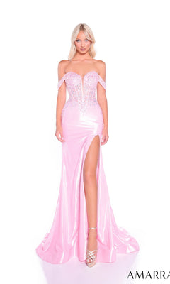 Model wearing the Amarra 89092 long prom dress, a shiny light pink off-the-shoulder gown with a lace corset bodice and high-leg slit, styled with silver heels, posing against a white background.