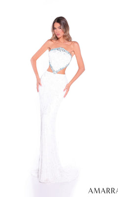 A woman models the Amarra 89095 long prom dress—white, strapless, floor-length, with jeweled embellishments and a side cutout—against a plain white background.