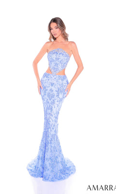 A woman wears the Amarra 89095 long prom dress—strapless, light blue, floor-length with sequins and side cutouts—against a white background. "AMARRA" appears in the bottom right corner.